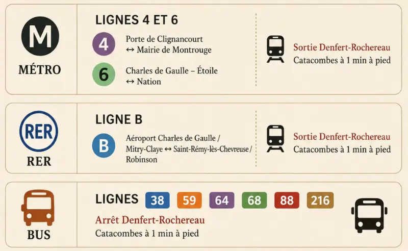Infografía práctica para llegar a las Catacumbas de París en metro, RER o autobús por Denfert-Rochereau.