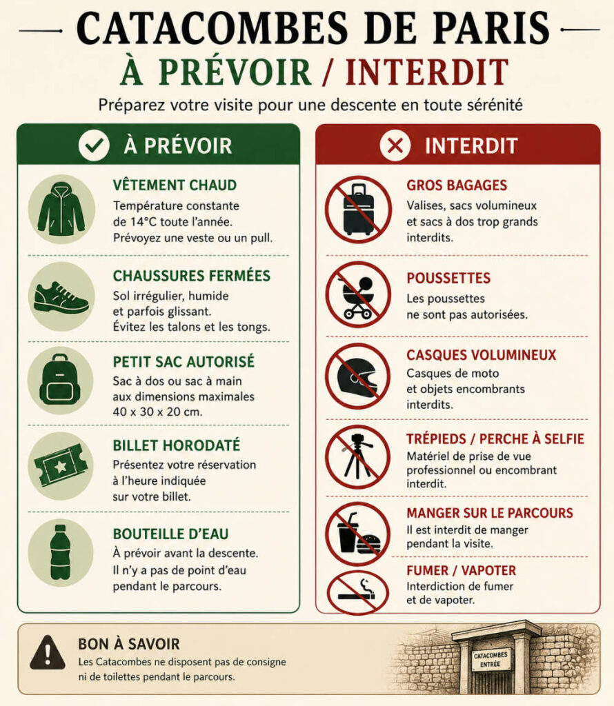 Infografía sobre lo que hay que llevar y lo que está prohibido para visitar las Catacumbas de París: ropa de abrigo, calzado cerrado, bolso pequeño, entrada con horario, equipaje y cochecitos prohibidos.