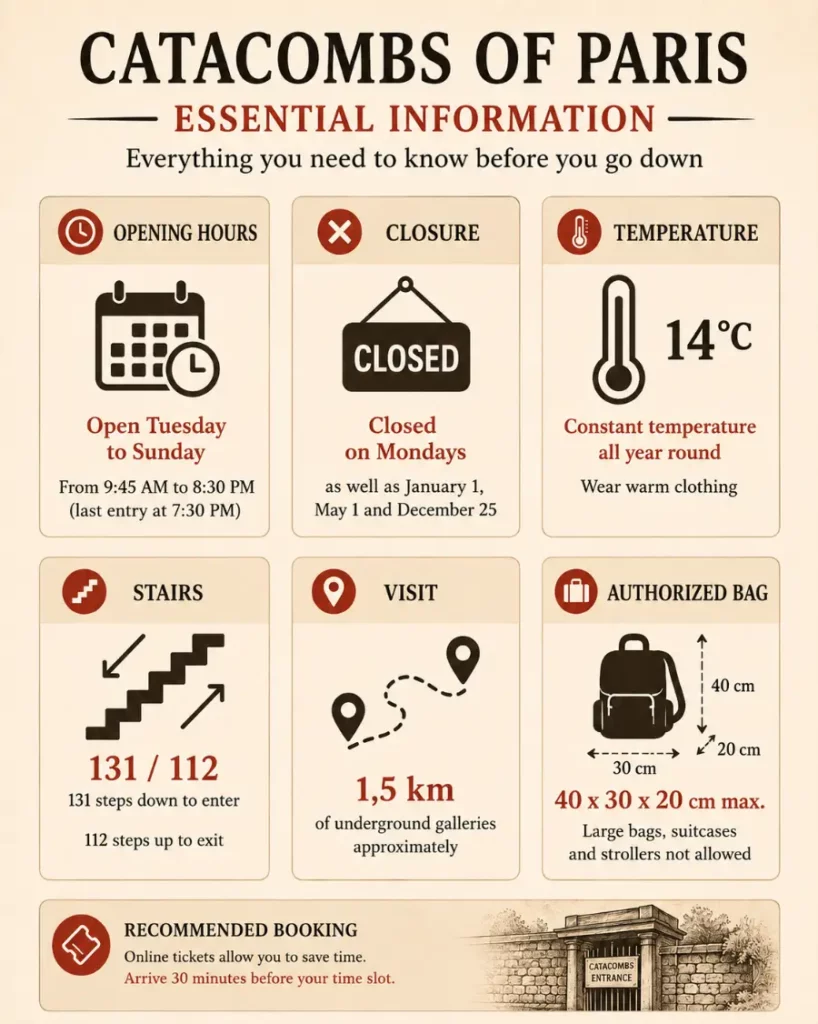 Essential information for visiting the Catacombs of Paris: opening hours, closures, temperature, stairs, route, bag policy and booking advice.