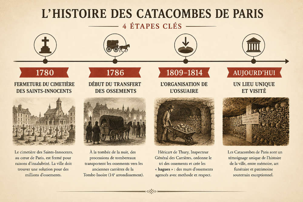 Frise chronologique illustrant l’histoire des Catacombes de Paris en quatre étapes, de la fermeture du cimetière des Saints-Innocents à l’ossuaire actuel.