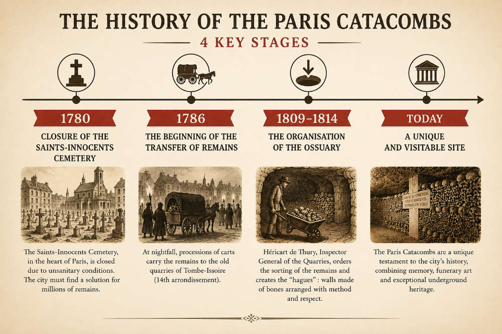 Timeline showing the history of the Paris Catacombs in four key stages, from the closure of the Saints-Innocents Cemetery to the ossuary as it exists today.