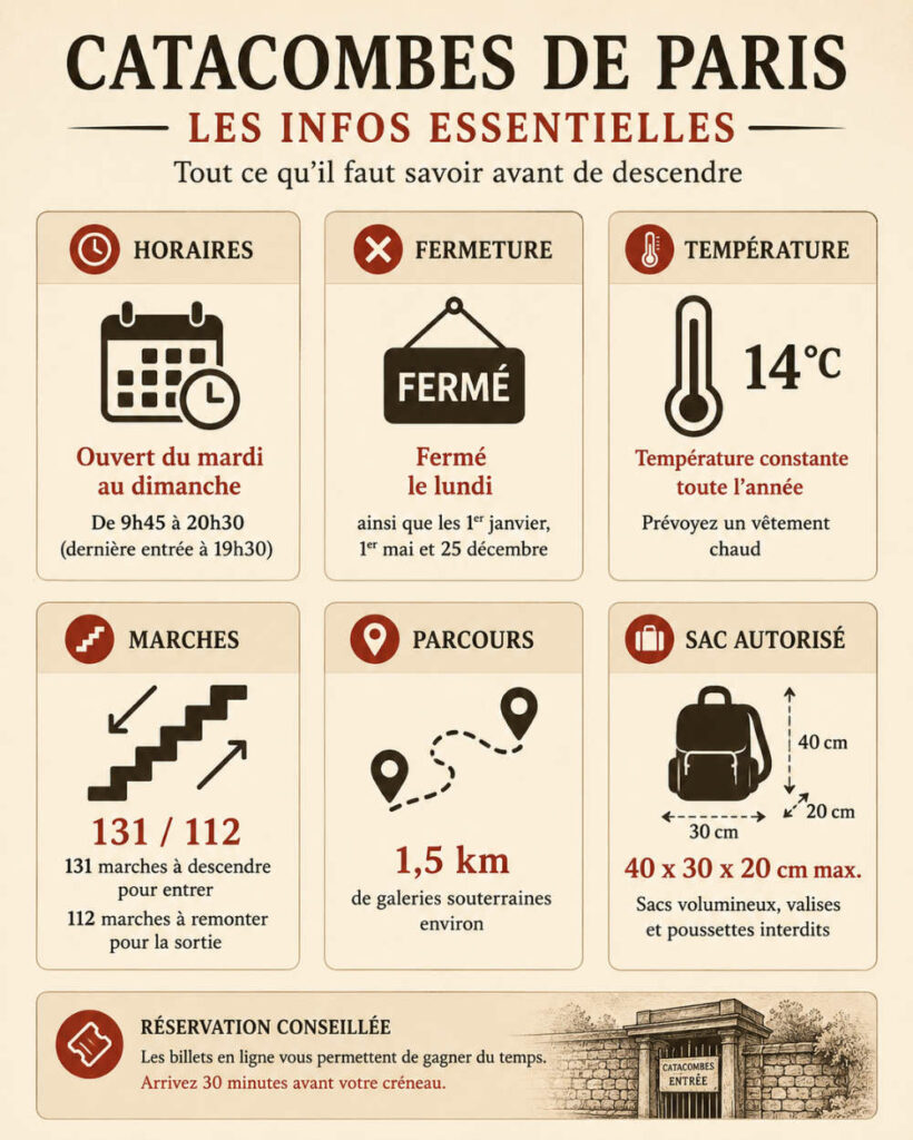 Infografía con la información práctica para visitar las Catacumbas de París: horarios, temperatura, escalones, recorrido y tamaño máximo de los bolsos.