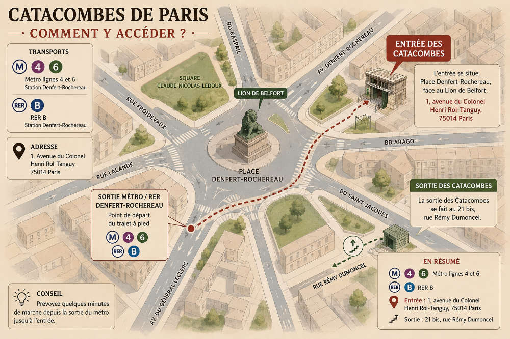 Plan illustré de l’accès aux Catacombes de Paris depuis Denfert-Rochereau, avec l’entrée avenue du Colonel Henri Rol-Tanguy et la sortie avenue René-Coty.