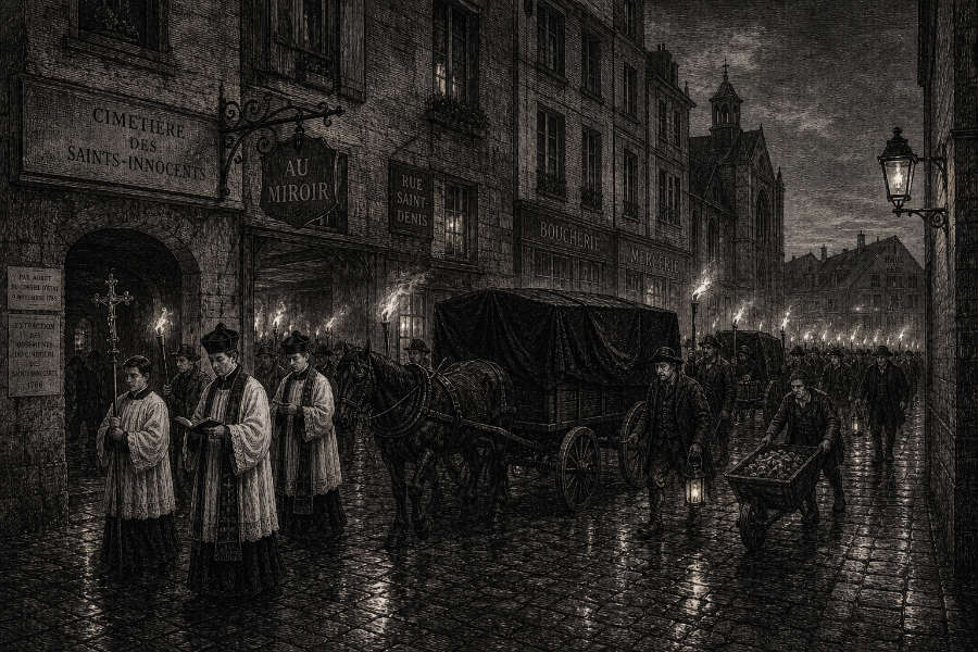 Nocturnal procession of carts transporting bones from the Cemetery of the Saints-Innocents to the Paris quarries in 1786.