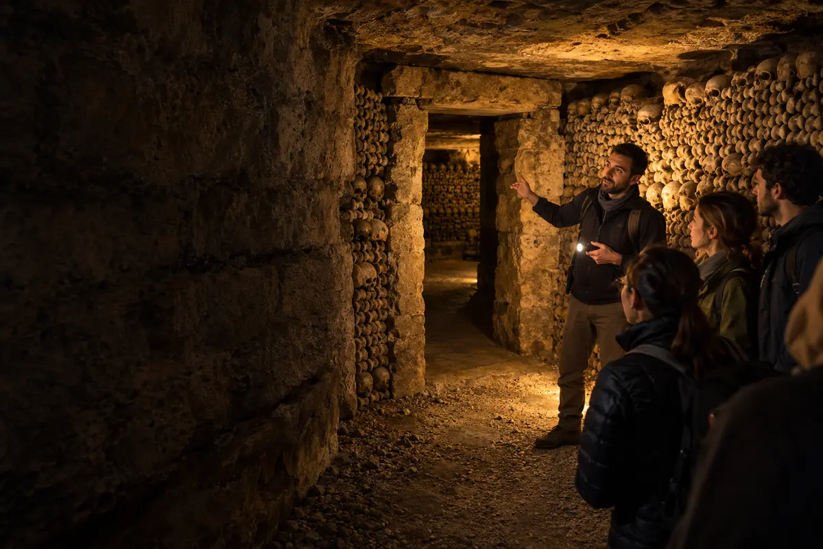 Small group on a special-access guided tour inside the Paris Catacombs