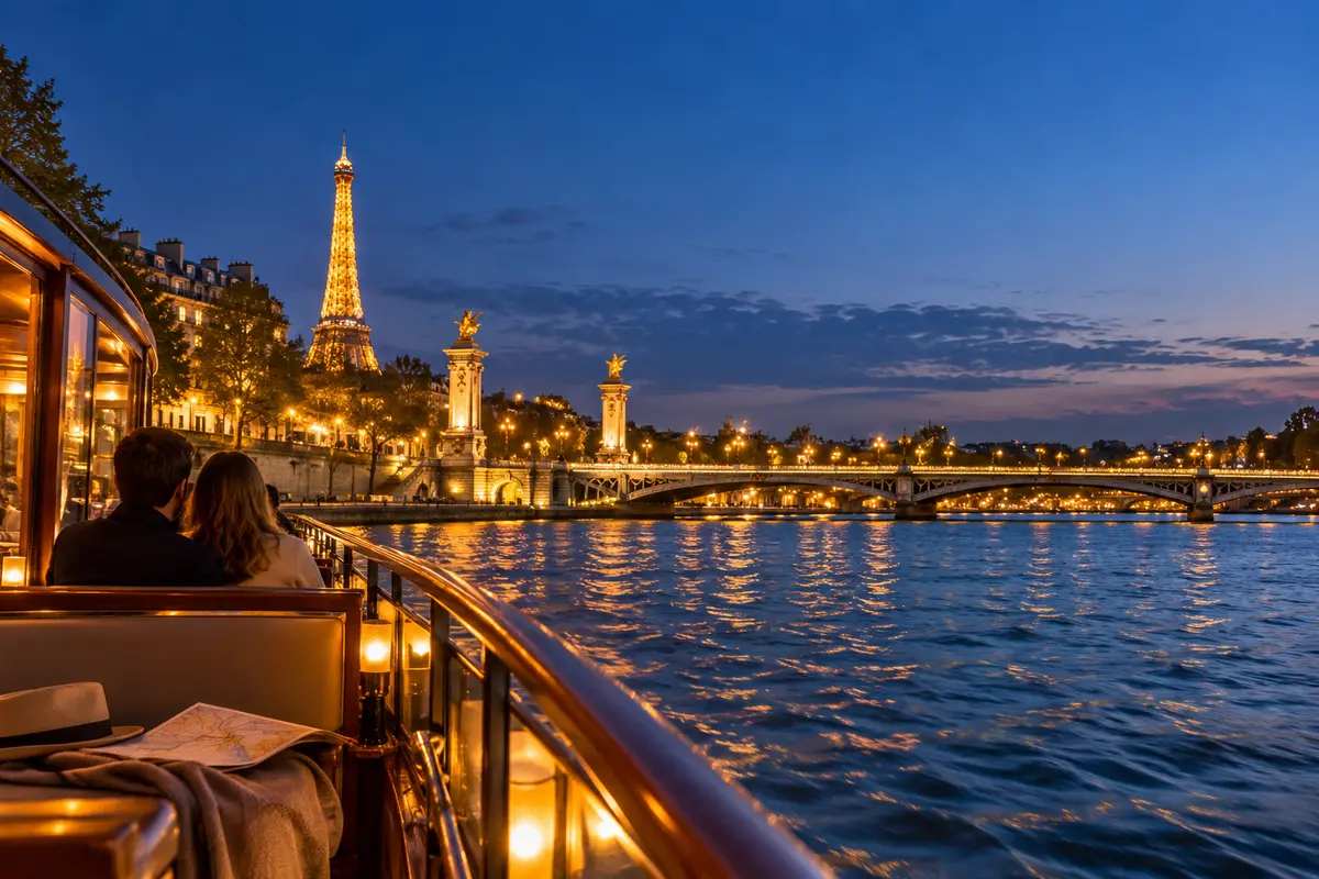 Evening Seine River cruise in Paris with Eiffel Tower view