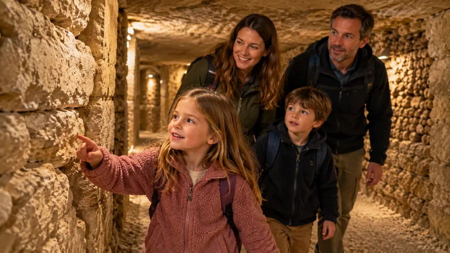 Family exploring the public route of the Paris Catacombs