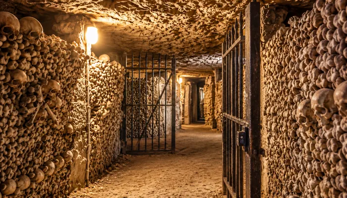 Illustration d’une grille entrouverte entre des galeries bordées d’ossements dans les Catacombes de Paris