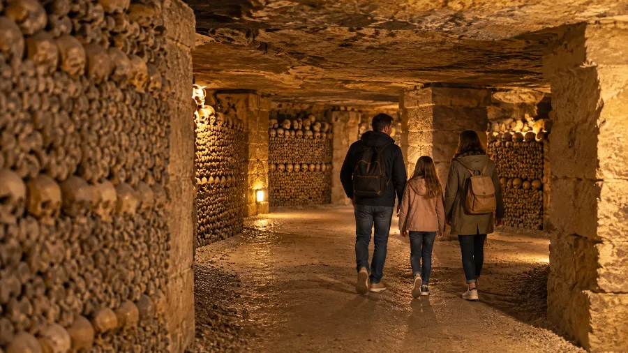 Parent and child walking through the public route of the Paris Catacombs
