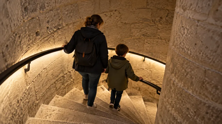 Parent et enfant descendant les escaliers de pierre à l’entrée des Catacombes de Paris